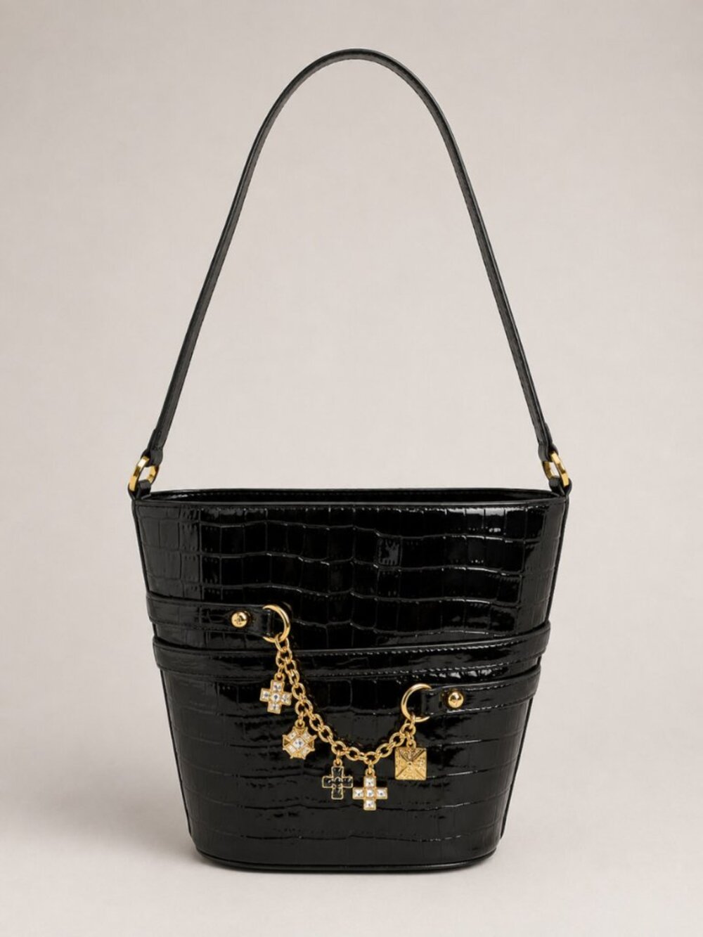 St. John Black Patent Croc Embossed Leather Bucket Shoulder Bag Charm Chain Ital
